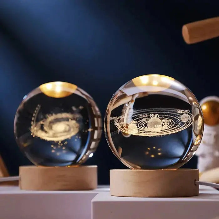 Crystal Ball Lamp 3D Engraved Warm LED Wood Base
