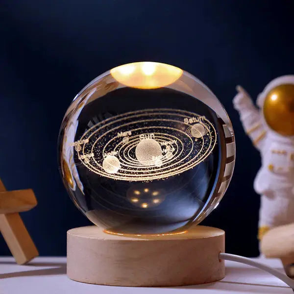 Crystal Ball Lamp 3D Engraved Warm LED Wood Base