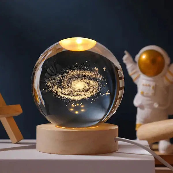 Crystal Ball Lamp 3D Engraved Warm LED Wood Base
