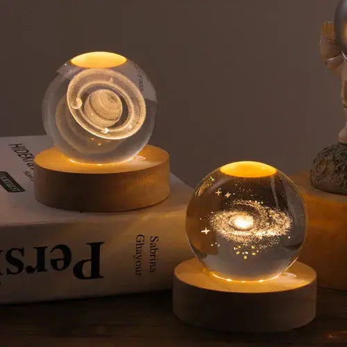 Crystal Ball Lamp 3D Engraved Warm LED Wood Base