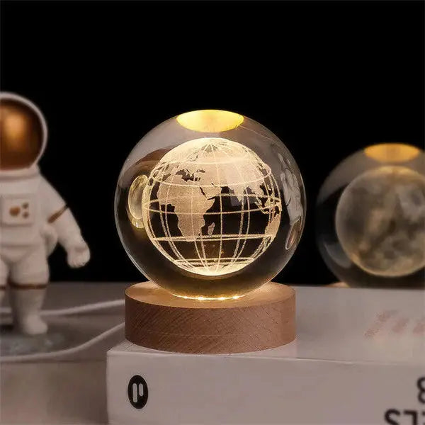 Crystal Ball Lamp 3D Engraved Warm LED Wood Base