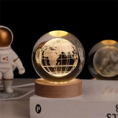 Crystal Ball Lamp 3D Engraved Warm LED Wood Base