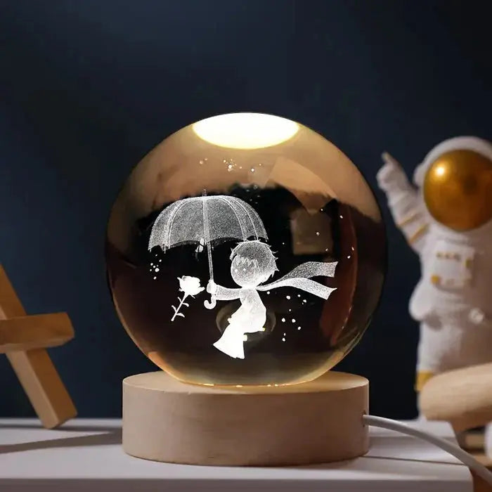 Crystal Ball Lamp 3D Engraved Warm LED Wood Base