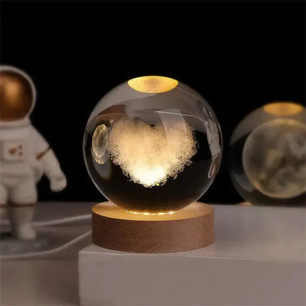 Crystal Ball Lamp 3D Engraved Warm LED Wood Base