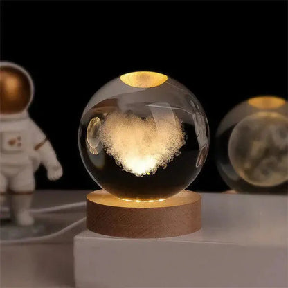 Crystal Ball Lamp 3D Engraved Warm LED Wood Base