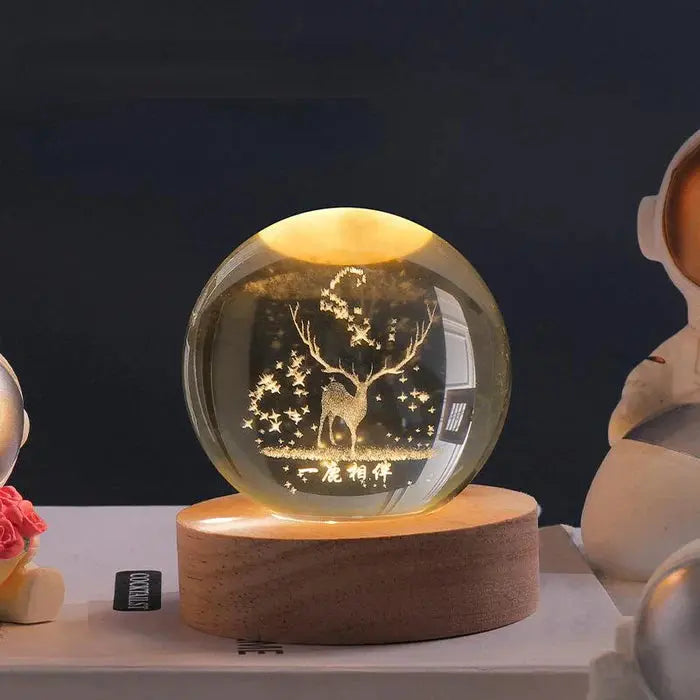 Crystal Ball Lamp 3D Engraved Warm LED Wood Base