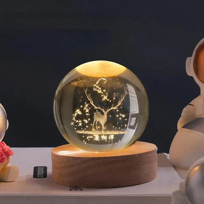 Crystal Ball Lamp 3D Engraved Warm LED Wood Base