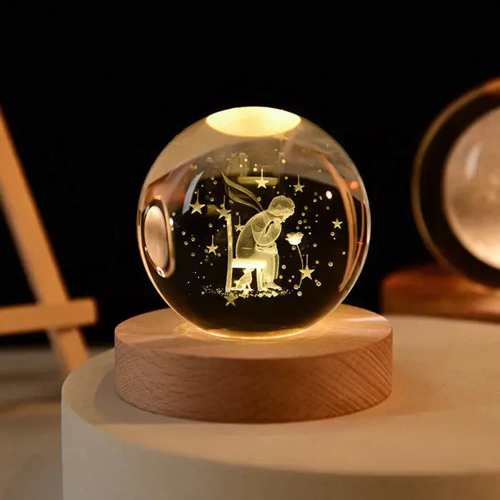Crystal Ball Lamp 3D Engraved Warm LED Wood Base