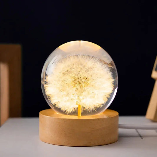 Crystal Ball Lamp 3D Floral Warm LED Beech Base
