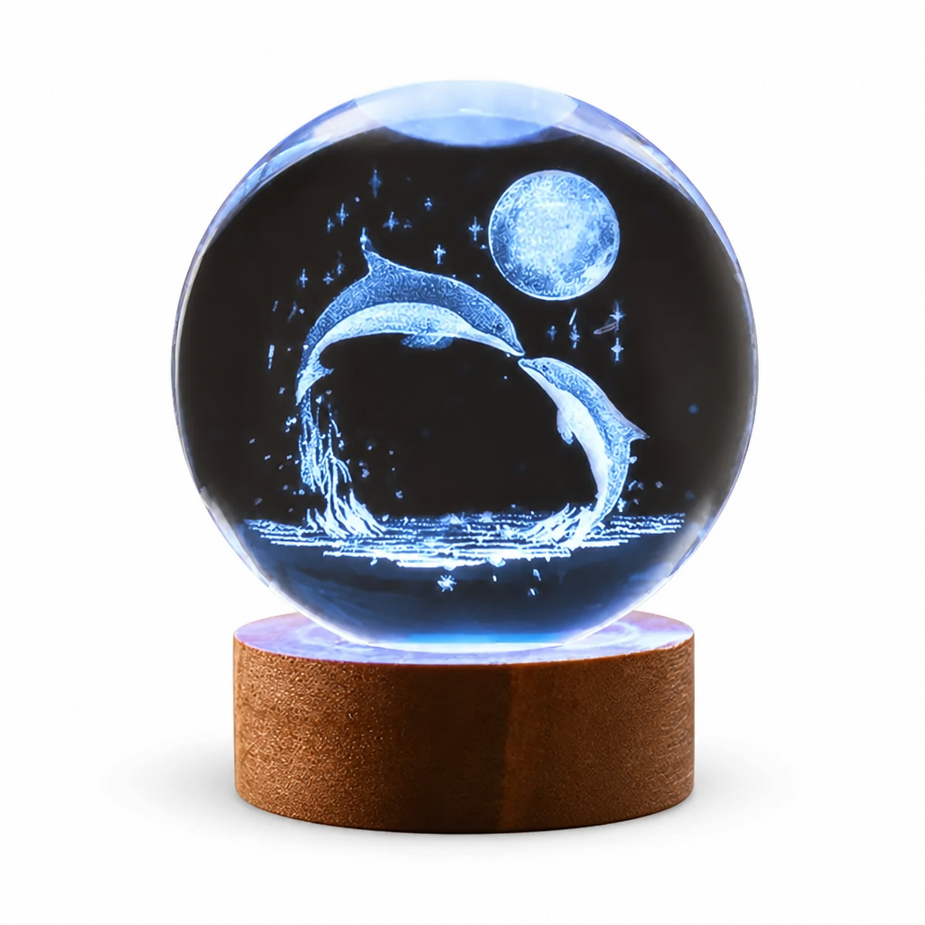 Crystal Sphere 3D Engraved Dolphin & Moon Color-Changing LED