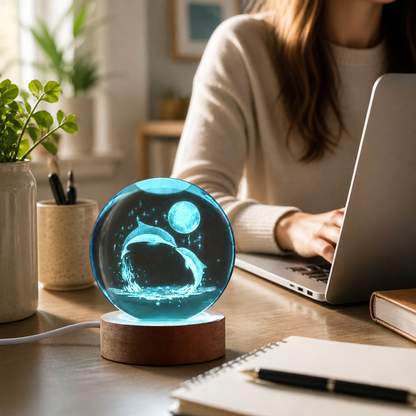Crystal Sphere 3D Engraved Dolphin & Moon Color-Changing LED