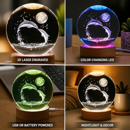 Crystal Sphere 3D Engraved Dolphin & Moon Color-Changing LED