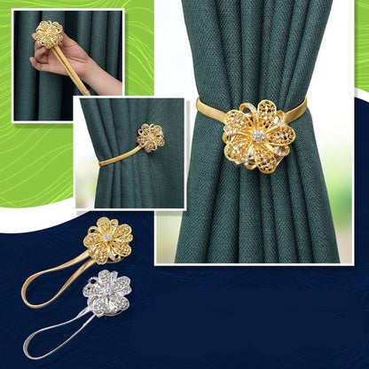 Curtain Tieback Magnetic Floral Rhinestone Steel Cable