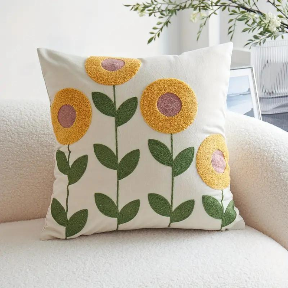 Cushion Cover Floral Embroidered Microfiber-Cotton 18 x 18 Inch