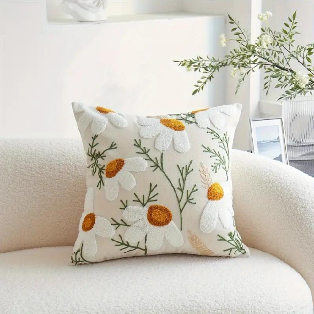 Cushion Cover Floral Embroidered Microfiber-Cotton 18 x 18 Inch