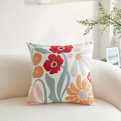 Cushion Cover Floral Embroidered Microfiber-Cotton 18 x 18 Inch