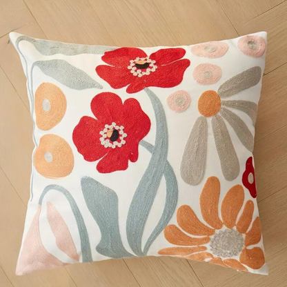 Cushion Cover Floral Embroidered Microfiber-Cotton 18 x 18 Inch