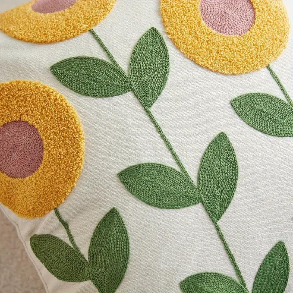 Cushion Cover Floral Embroidered Microfiber-Cotton 18 x 18 Inch