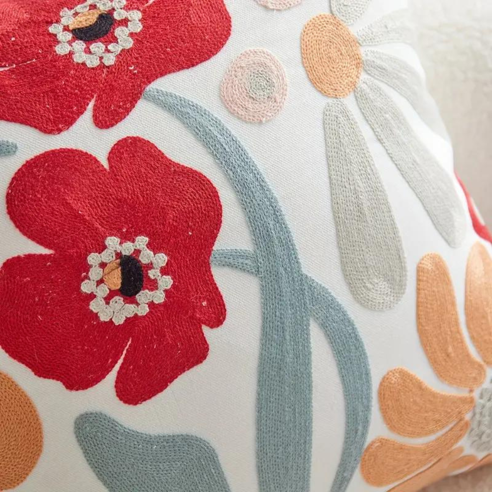 Cushion Cover Floral Embroidered Microfiber-Cotton 18 x 18 Inch