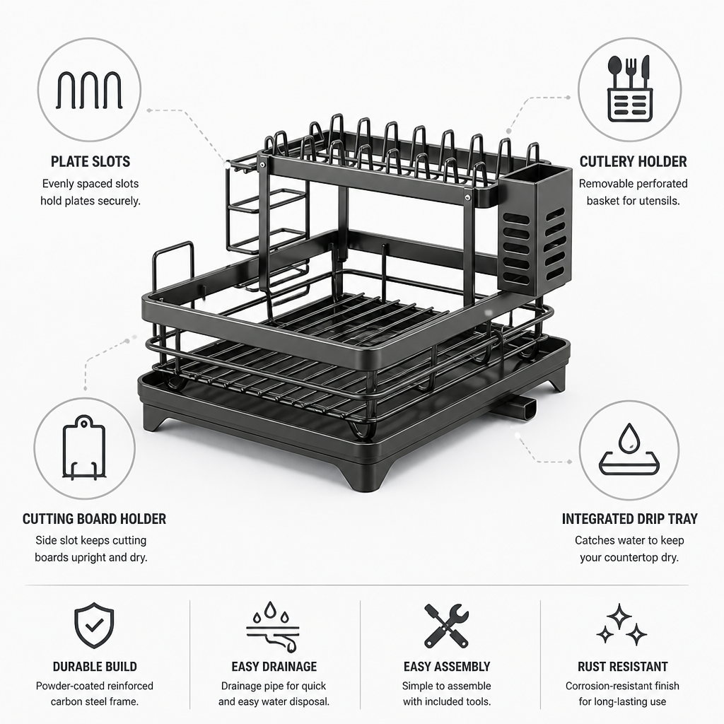 Cutlery And Cutting Board Holders Dish Drying Rack (2-Tier)