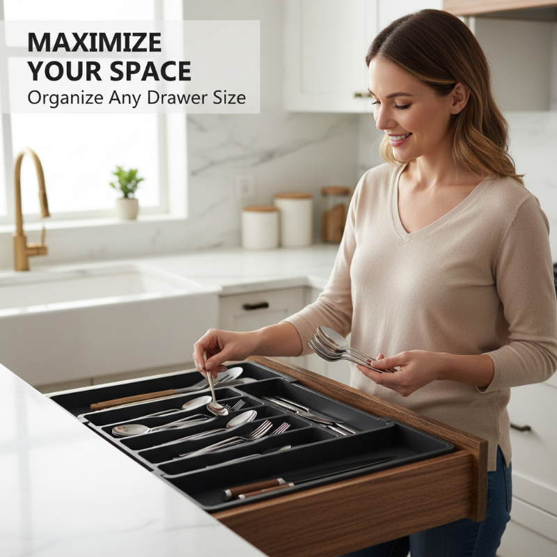 Cutlery Drawer Organizer Adjustable 13-22.4 Inch Non-Slip Food-Safe PP