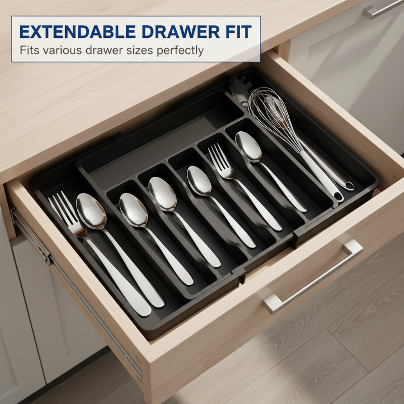 Cutlery Drawer Organizer Adjustable 13-22.4 Inch Non-Slip Food-Safe PP