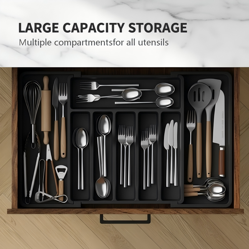 Cutlery Drawer Organizer Adjustable 13-22.4 Inch Non-Slip Food-Safe PP