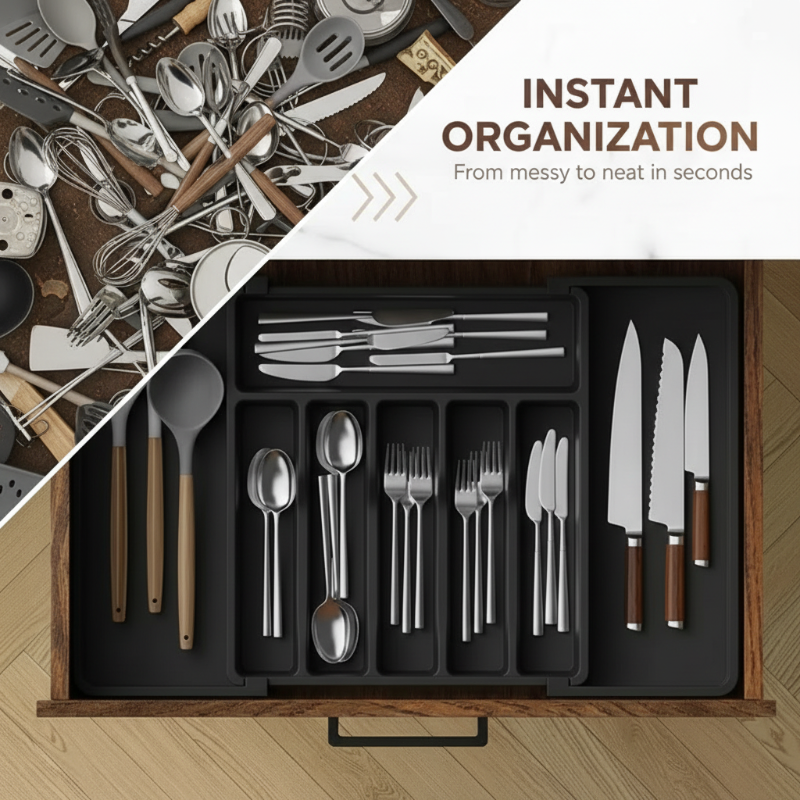 Cutlery Drawer Organizer Adjustable 13-22.4 Inch Non-Slip Food-Safe PP