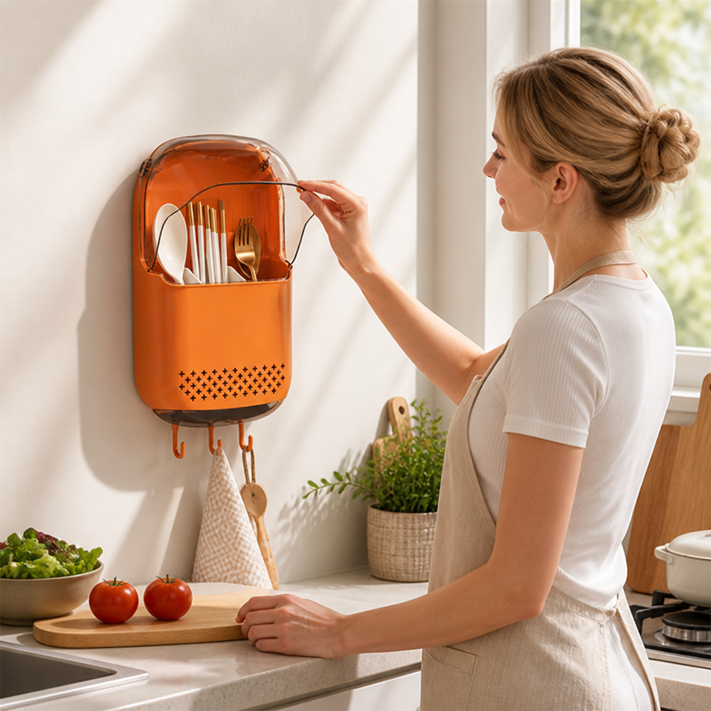 Cutlery Holder Wall-Mount No-Drill Dustproof Lid