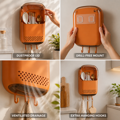 Cutlery Holder Wall-Mount No-Drill Dustproof Lid