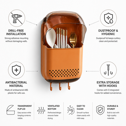 Cutlery Holder Wall-Mount No-Drill Dustproof Lid