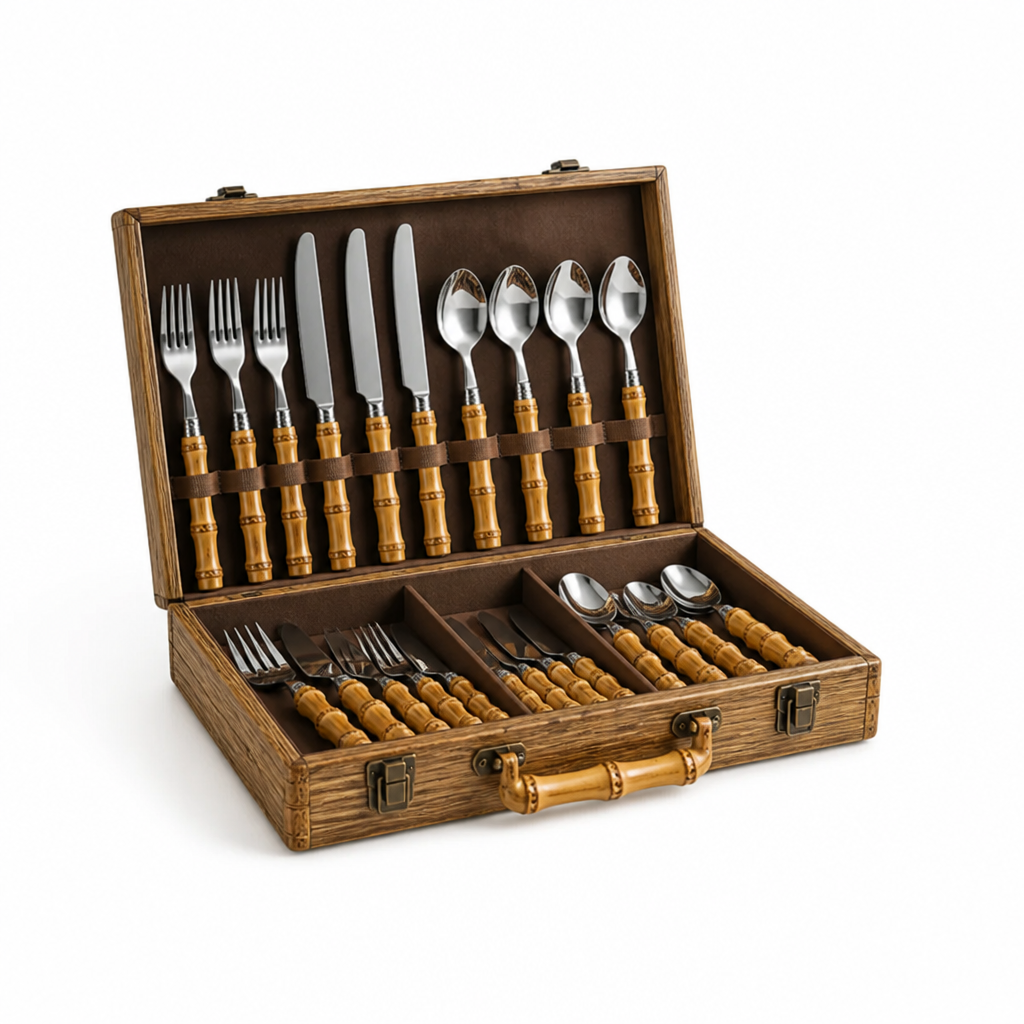 Cutlery Set Bamboo-Style Handles Stainless Steel & Dishwasher Safe
