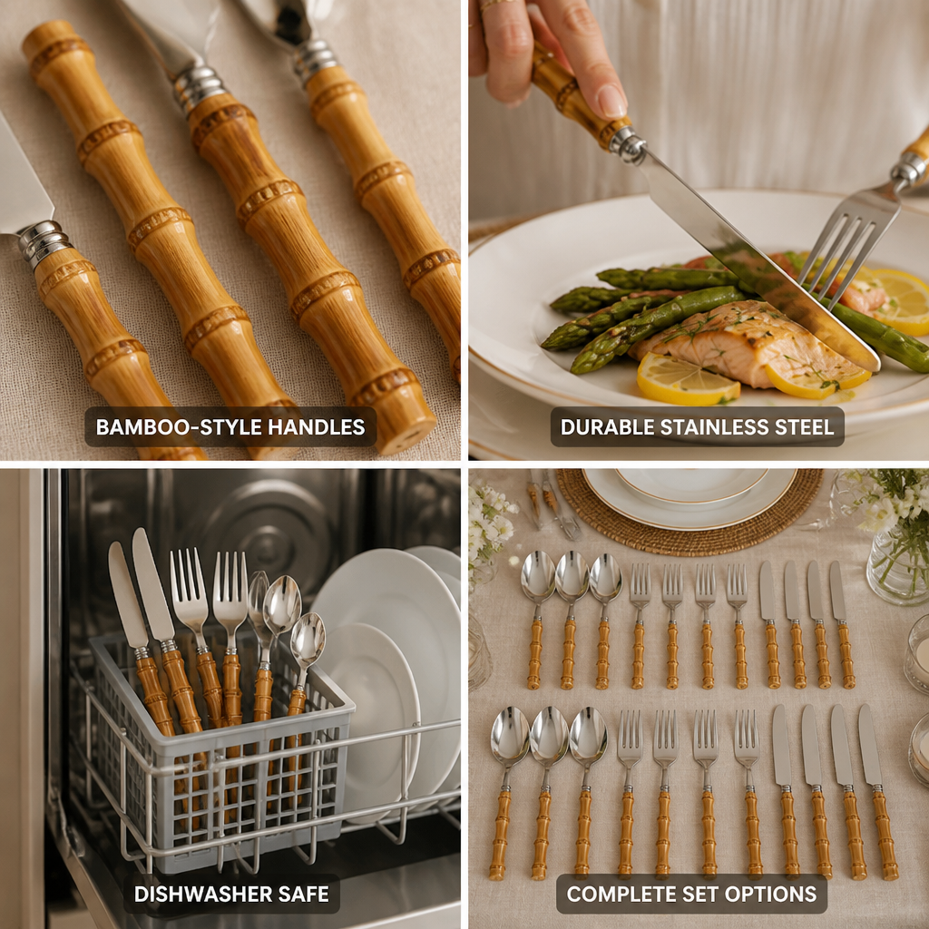 Cutlery Set Bamboo-Style Handles Stainless Steel & Dishwasher Safe