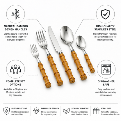 Cutlery Set Bamboo-Style Handles Stainless Steel & Dishwasher Safe