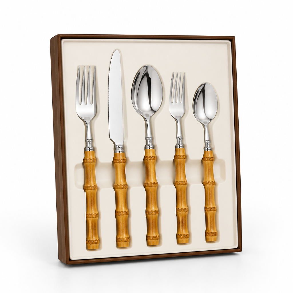 Cutlery Set Bamboo-Style Handles Stainless Steel & Dishwasher Safe