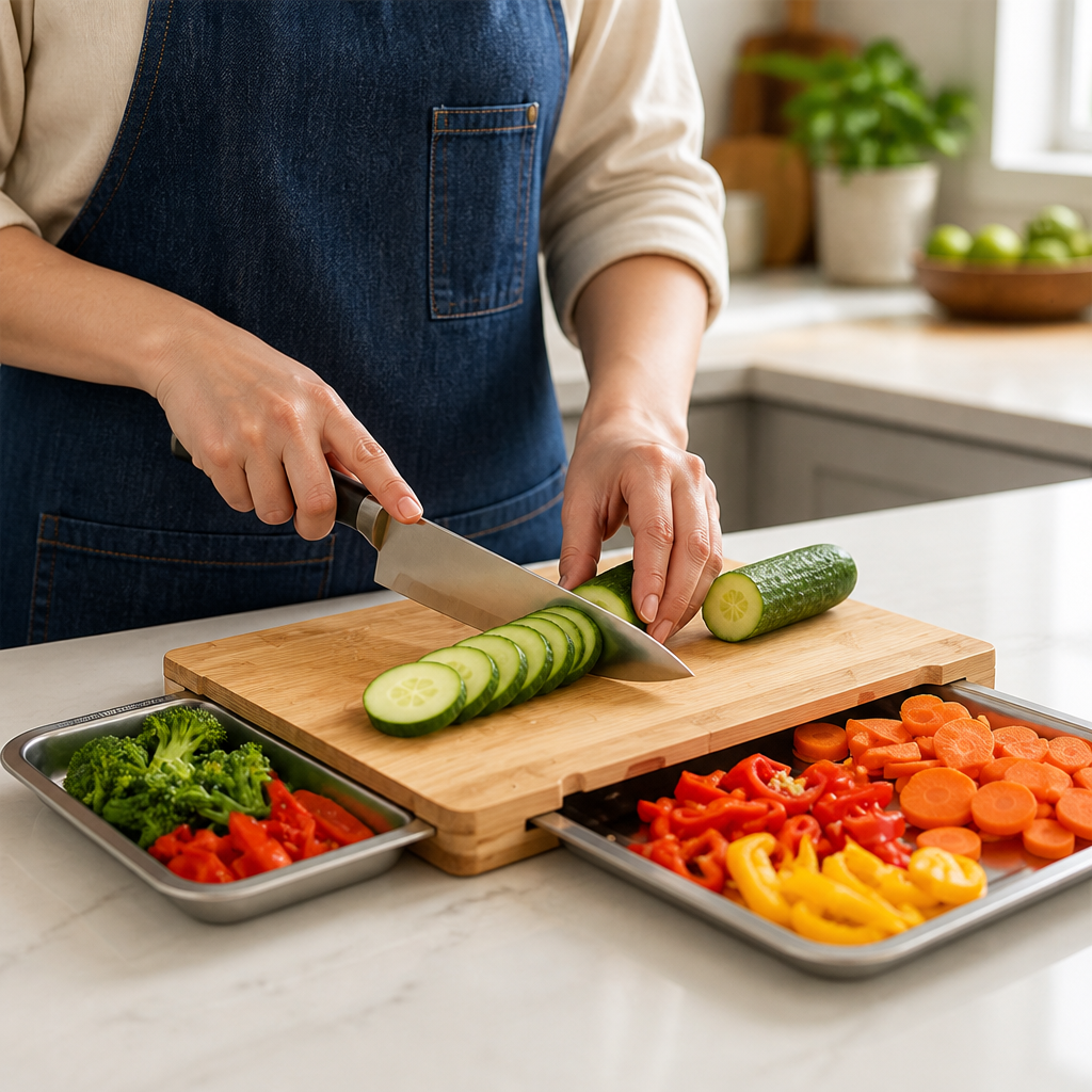 Cutting Board Bamboo Pull-Out Stainless Bowls