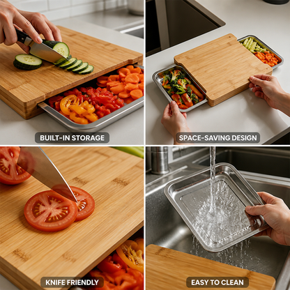 Cutting Board Bamboo Pull-Out Stainless Bowls