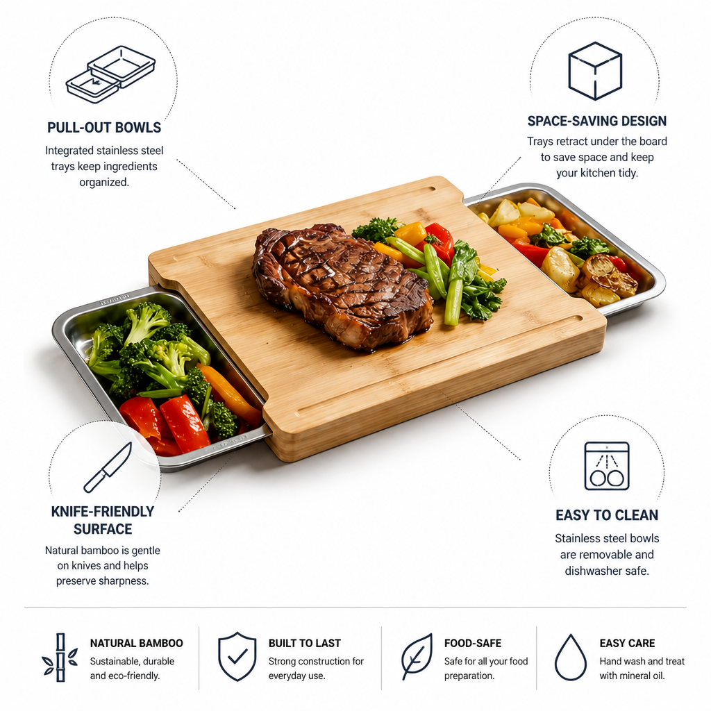 Cutting Board Bamboo Pull-Out Stainless Bowls