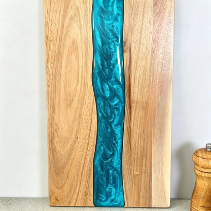 Cutting Board Handcrafted Wooden Turquoise Epoxy Inlay