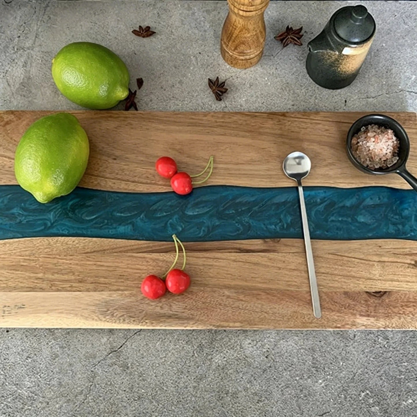 Cutting Board Handcrafted Wooden Turquoise Epoxy Inlay