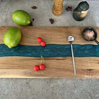 Cutting Board Handcrafted Wooden Turquoise Epoxy Inlay