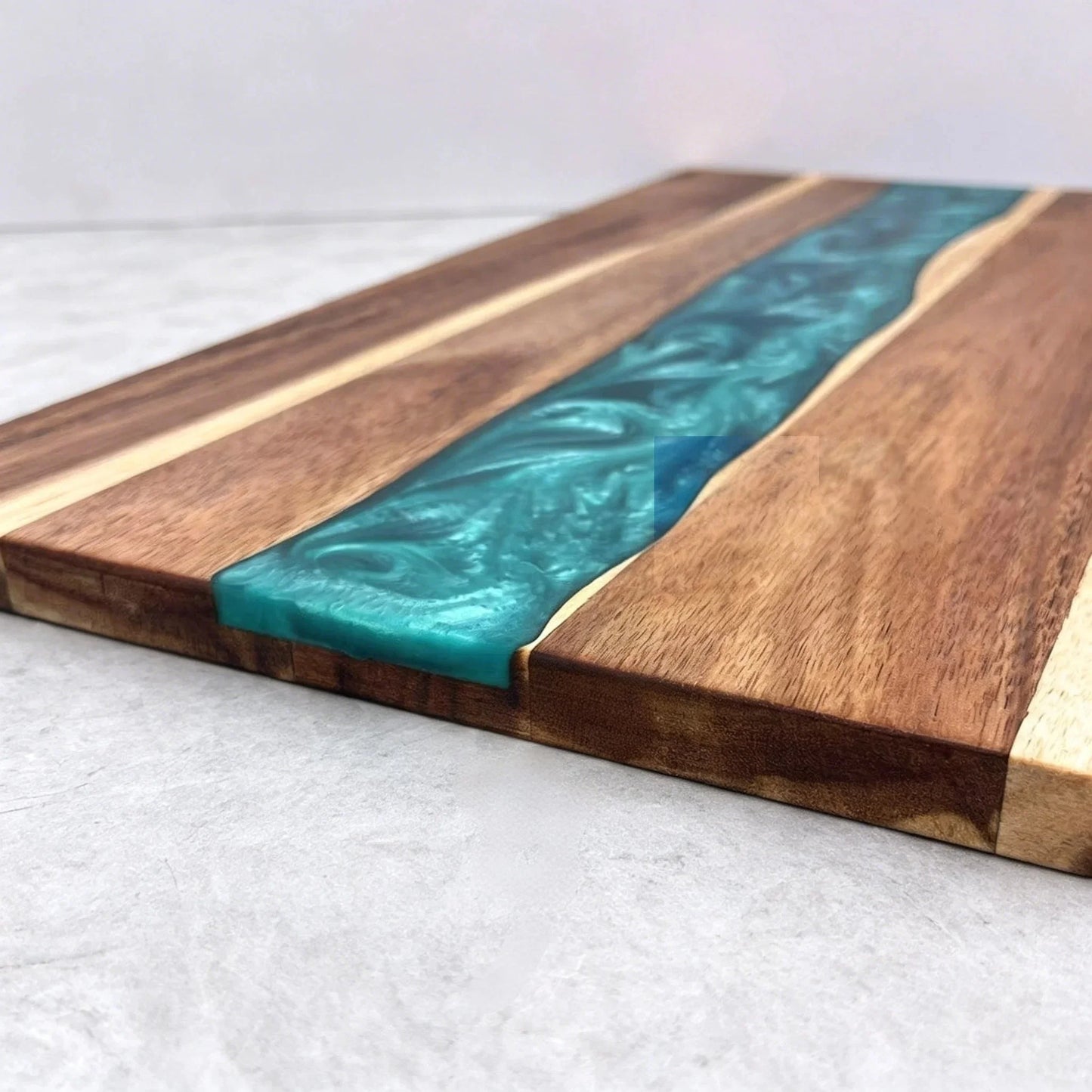 Cutting Board Handcrafted Wooden Turquoise Epoxy Inlay