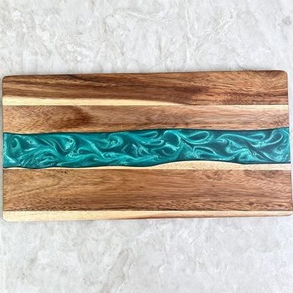 Cutting Board Handcrafted Wooden Turquoise Epoxy Inlay