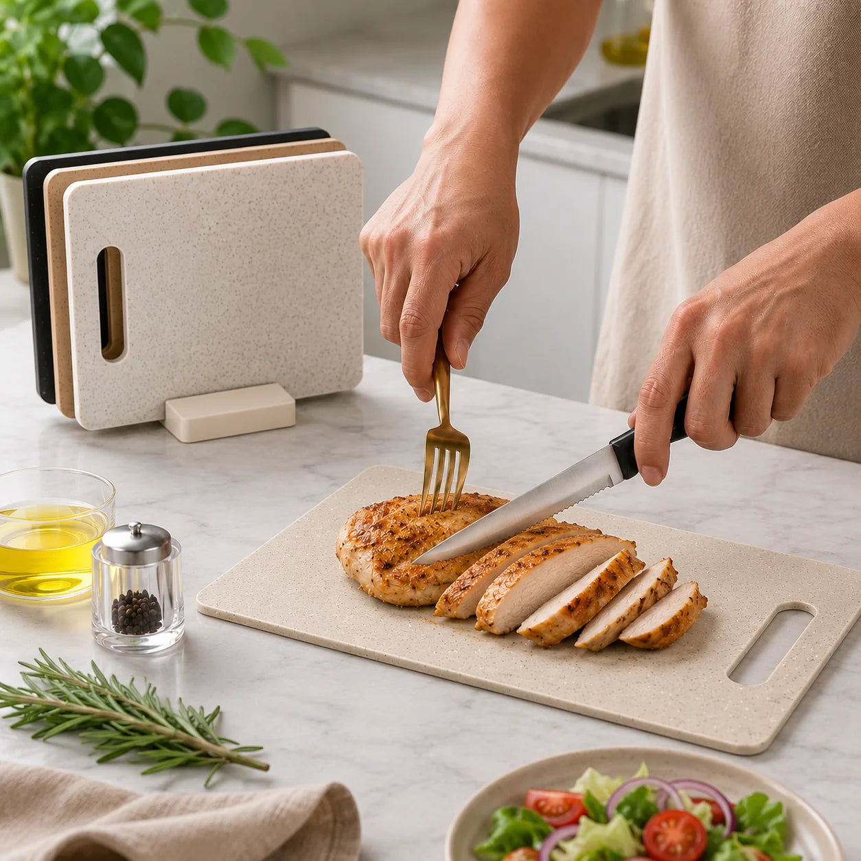 Cutting Board Set Double-Sided Marble Effect Space-Saving Holder