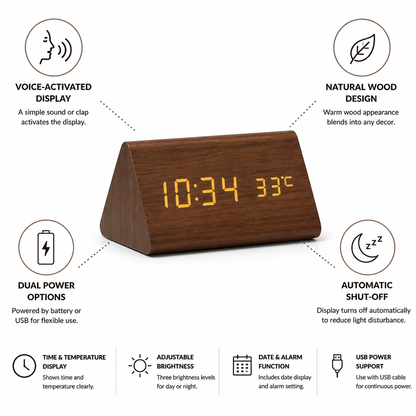 Desk Clock Voice-Activated LED Time & Temperature
