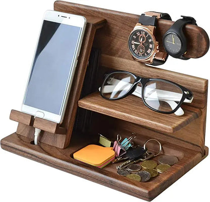 Desk Organizer Walnut Finish Phone Stand & Tray