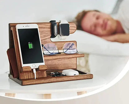 Desk Organizer Walnut Finish Phone Stand & Tray