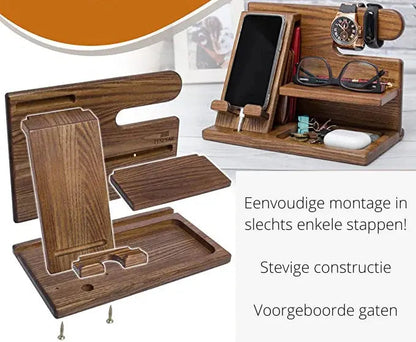 Desk Organizer Walnut Finish Phone Stand & Tray
