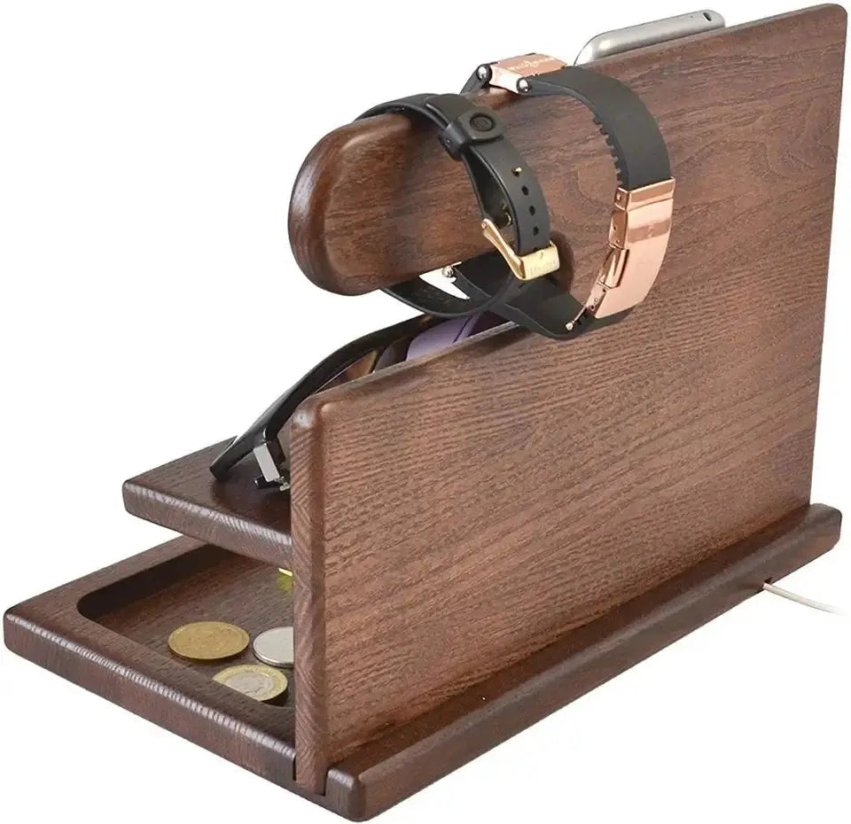 Desk Organizer Walnut Finish Phone Stand & Tray