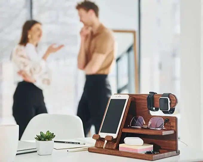 Desk Organizer Walnut Finish Phone Stand & Tray